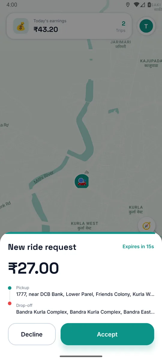 Driver app — an incoming ride offer with a countdown