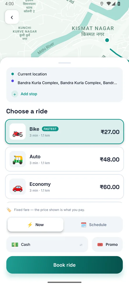 Rider app — choosing a ride with upfront fares