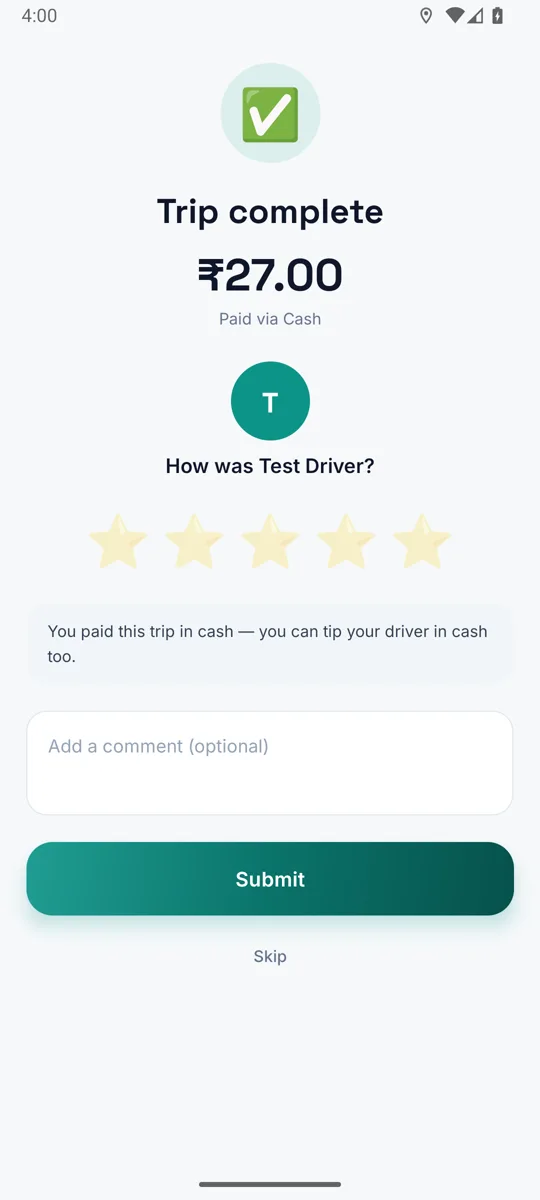 Rider app: Rate the driver after the trip