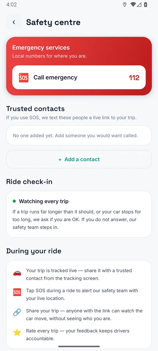 Rider app: Safety centre — SOS and trusted contacts